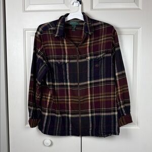 Vintage LAUREN Ralph Lauren Plaid Zip Up Shirt Burgundy and Navy - Petite M